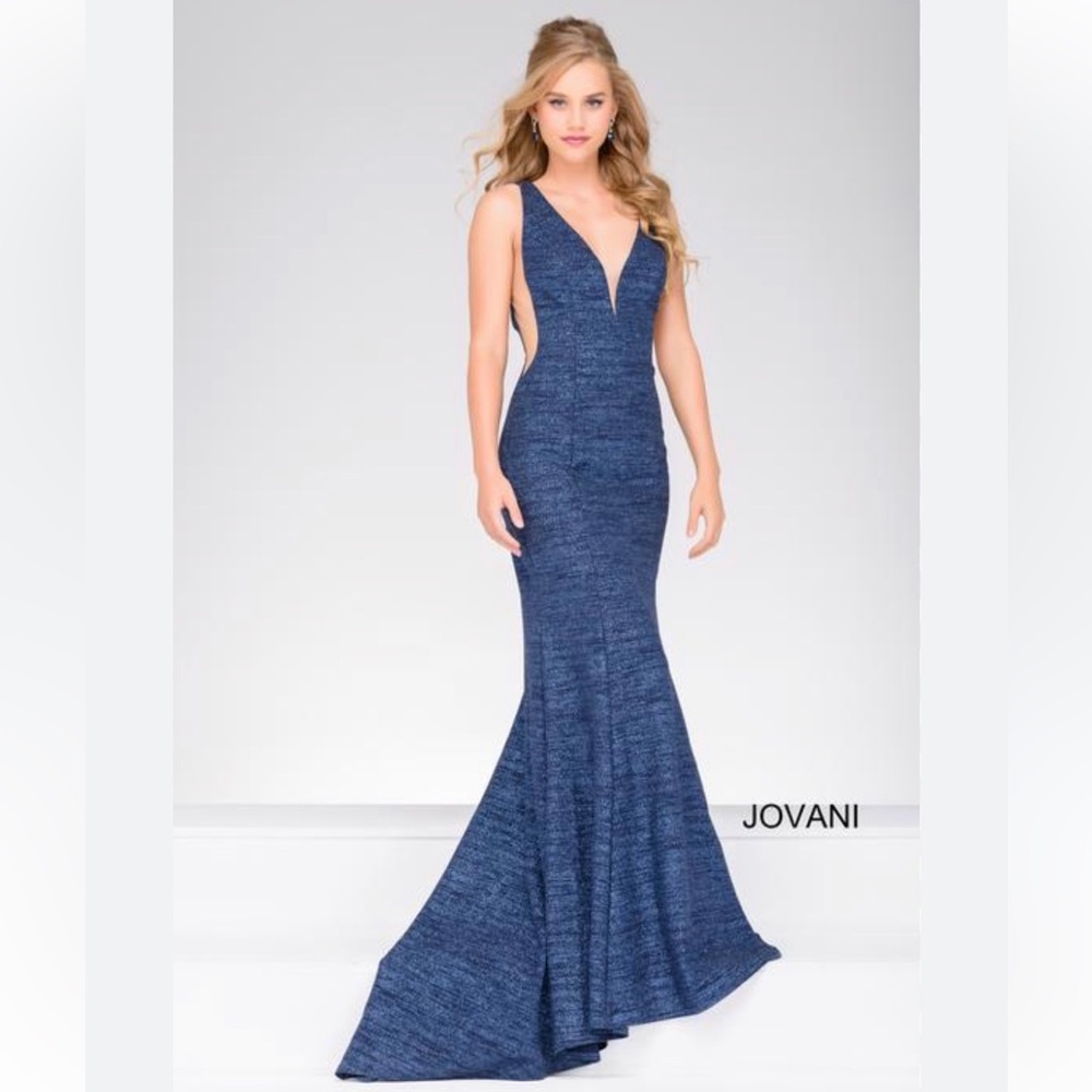 Jovani 45811 low back, plunging neckline blue glitter jersey mermaid gown Size 8